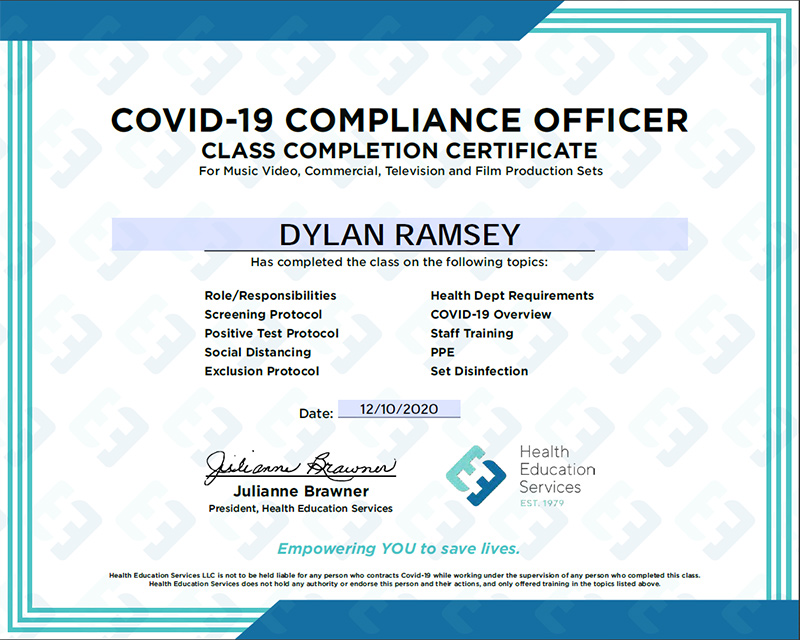 Health Entertainemnt Services Certification